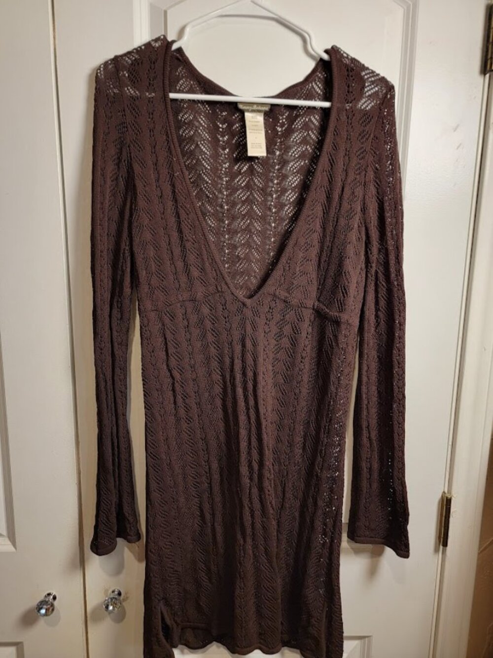 Tommy Bahama Brown Crochet Tunic Dress Swim Cover Up Medium Deep V Neck
